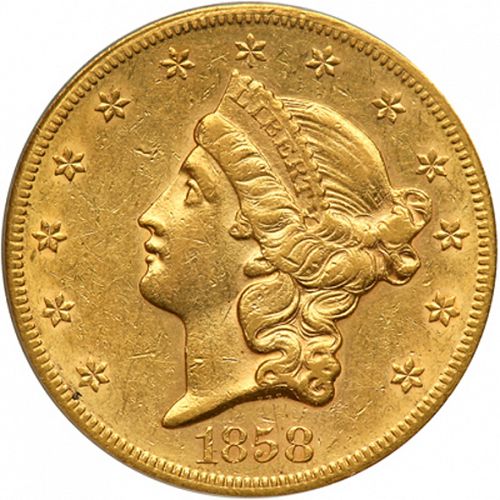 20 dollar Obverse Image minted in UNITED STATES in 1858S (Coronet Head - Twenty D., no motto)  - The Coin Database