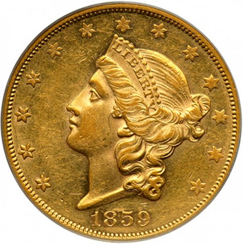 20 dollar Obverse Image minted in UNITED STATES in 1859 (Coronet Head - Twenty D., no motto)  - The Coin Database