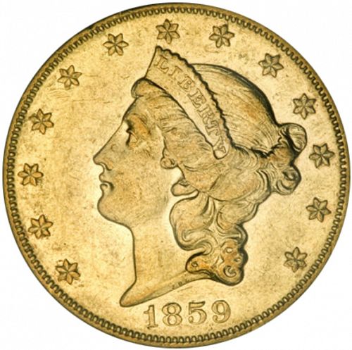 20 dollar Obverse Image minted in UNITED STATES in 1859O (Coronet Head - Twenty D., no motto)  - The Coin Database