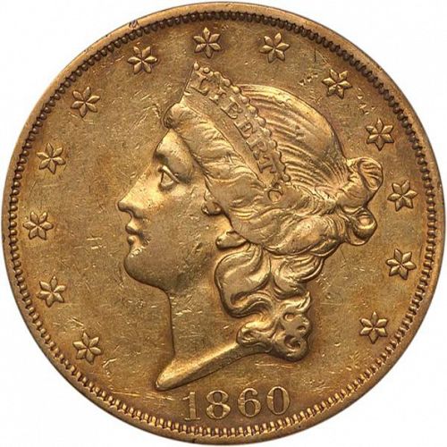 20 dollar Obverse Image minted in UNITED STATES in 1860 (Coronet Head - Twenty D., no motto)  - The Coin Database