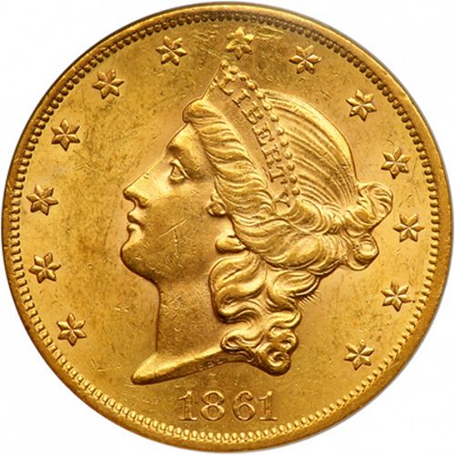 20 dollar Obverse Image minted in UNITED STATES in 1861 (Coronet Head - Twenty D., no motto)  - The Coin Database