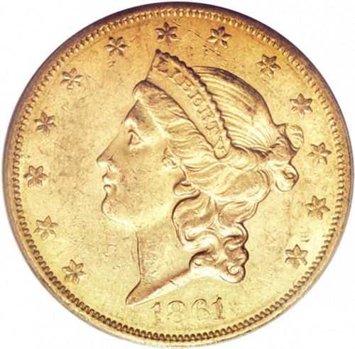 20 dollar Obverse Image minted in UNITED STATES in 1861O (Coronet Head - Twenty D., no motto)  - The Coin Database