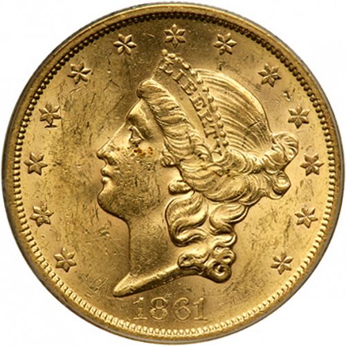 20 dollar Obverse Image minted in UNITED STATES in 1861S (Coronet Head - Twenty D., no motto)  - The Coin Database
