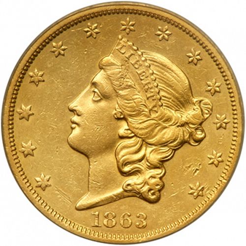 20 dollar Obverse Image minted in UNITED STATES in 1863S (Coronet Head - Twenty D., no motto)  - The Coin Database