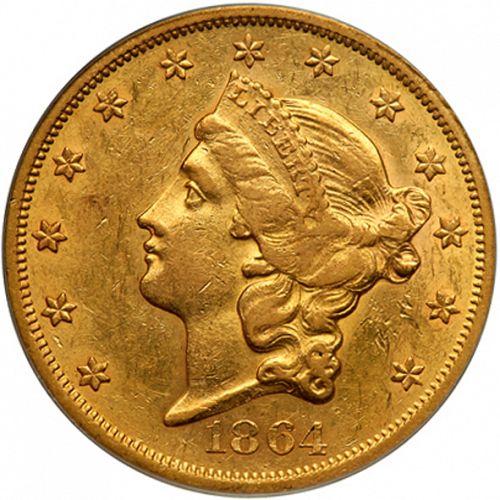 20 dollar Obverse Image minted in UNITED STATES in 1864 (Coronet Head - Twenty D., no motto)  - The Coin Database