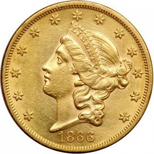 20 dollar Obverse Image minted in UNITED STATES in 1866 (Coronet Head - Twenty D., with motto)  - The Coin Database