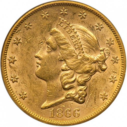 20 dollar Obverse Image minted in UNITED STATES in 1866S (Coronet Head - Twenty D., no motto)  - The Coin Database