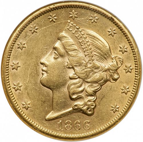20 dollar Obverse Image minted in UNITED STATES in 1866S (Coronet Head - Twenty D., with motto)  - The Coin Database