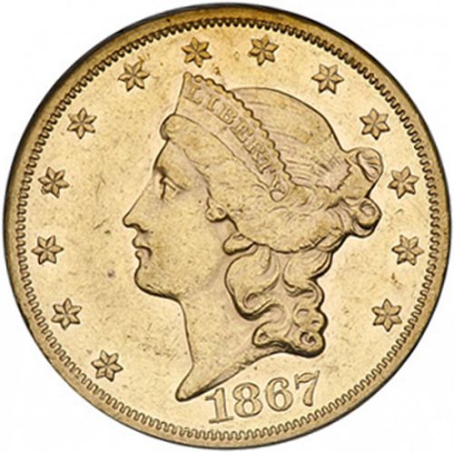 20 dollar Obverse Image minted in UNITED STATES in 1867 (Coronet Head - Twenty D., with motto)  - The Coin Database