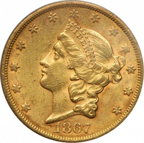 20 dollar Obverse Image minted in UNITED STATES in 1867S (Coronet Head - Twenty D., with motto)  - The Coin Database