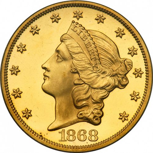 20 dollar Obverse Image minted in UNITED STATES in 1868 (Coronet Head - Twenty D., with motto)  - The Coin Database