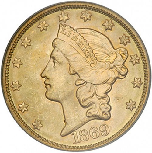 20 dollar Obverse Image minted in UNITED STATES in 1869 (Coronet Head - Twenty D., with motto)  - The Coin Database