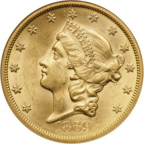 20 dollar Obverse Image minted in UNITED STATES in 1869S (Coronet Head - Twenty D., with motto)  - The Coin Database