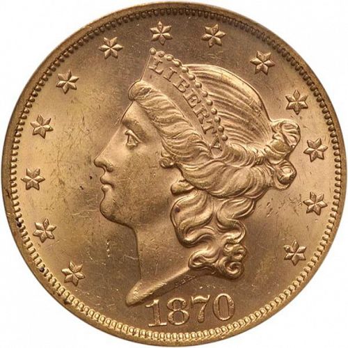 20 dollar Obverse Image minted in UNITED STATES in 1870 (Coronet Head - Twenty D., with motto)  - The Coin Database