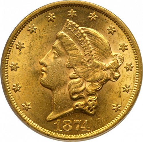 20 dollar Obverse Image minted in UNITED STATES in 1874 (Coronet Head - Twenty D., with motto)  - The Coin Database