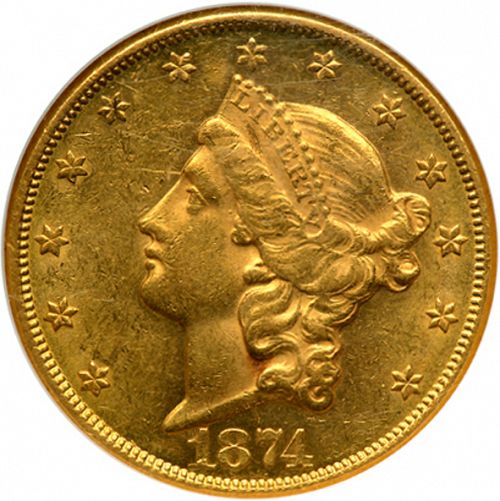 20 dollar Obverse Image minted in UNITED STATES in 1874CC (Coronet Head - Twenty D., with motto)  - The Coin Database