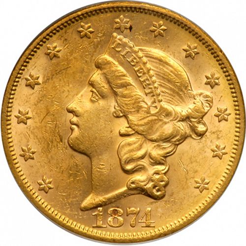 20 dollar Obverse Image minted in UNITED STATES in 1874S (Coronet Head - Twenty D., with motto)  - The Coin Database