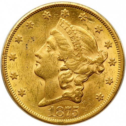 20 dollar Obverse Image minted in UNITED STATES in 1875CC (Coronet Head - Twenty D., with motto)  - The Coin Database