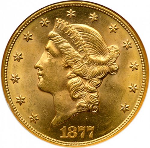 20 dollar Obverse Image minted in UNITED STATES in 1877 (Coronet Head - Twenty Dollars)  - The Coin Database