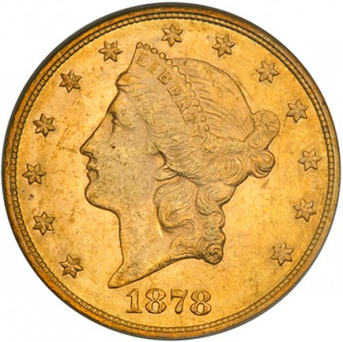 20 dollar Obverse Image minted in UNITED STATES in 1878S (Coronet Head - Twenty Dollars)  - The Coin Database