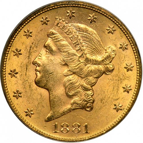20 dollar Obverse Image minted in UNITED STATES in 1881S (Coronet Head - Twenty Dollars)  - The Coin Database