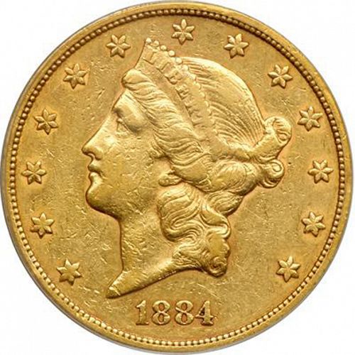20 dollar Obverse Image minted in UNITED STATES in 1884CC (Coronet Head - Twenty Dollars)  - The Coin Database