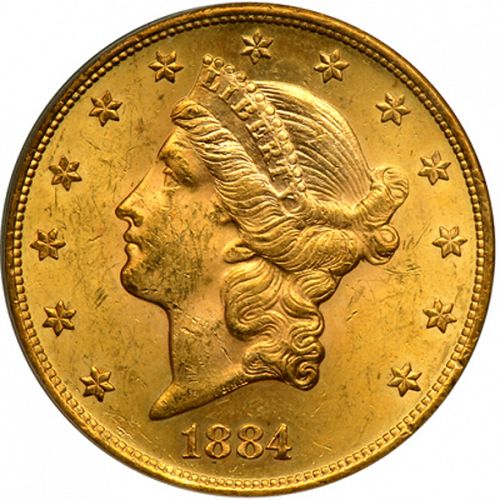 20 dollar Obverse Image minted in UNITED STATES in 1884S (Coronet Head - Twenty Dollars)  - The Coin Database