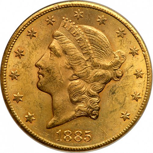 20 dollar Obverse Image minted in UNITED STATES in 1885CC (Coronet Head - Twenty Dollars)  - The Coin Database