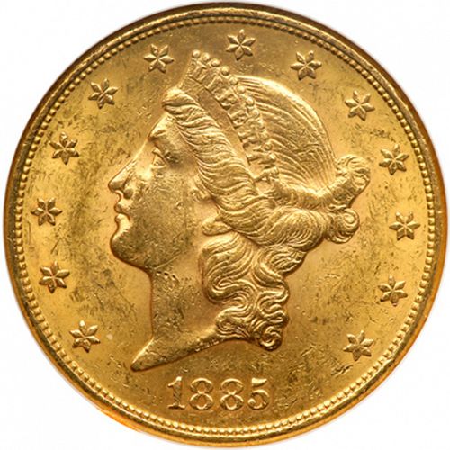 20 dollar Obverse Image minted in UNITED STATES in 1885S (Coronet Head - Twenty Dollars)  - The Coin Database
