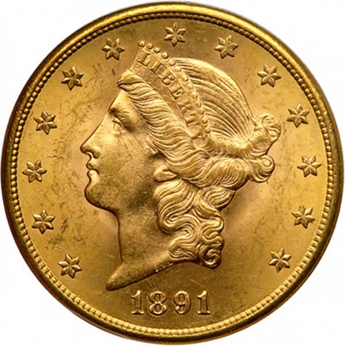 20 dollar Obverse Image minted in UNITED STATES in 1891S (Coronet Head - Twenty Dollars)  - The Coin Database