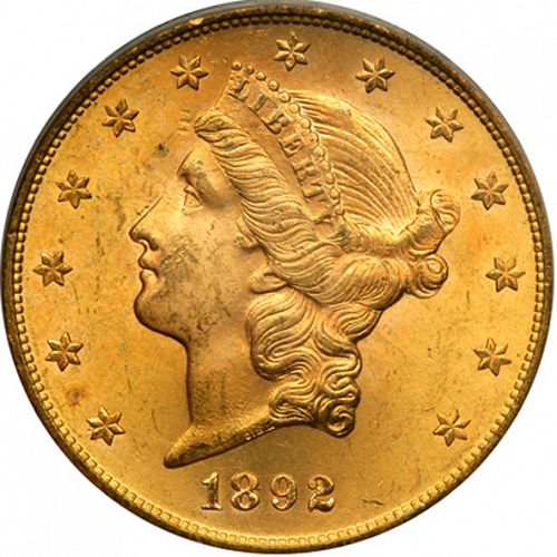 20 dollar Obverse Image minted in UNITED STATES in 1892S (Coronet Head - Twenty Dollars)  - The Coin Database