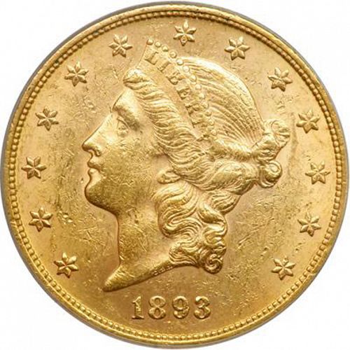 20 dollar Obverse Image minted in UNITED STATES in 1893 (Coronet Head - Twenty Dollars)  - The Coin Database