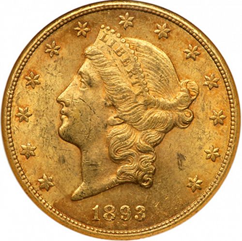 20 dollar Obverse Image minted in UNITED STATES in 1893CC (Coronet Head - Twenty Dollars)  - The Coin Database