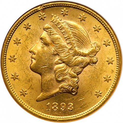 20 dollar Obverse Image minted in UNITED STATES in 1893S (Coronet Head - Twenty Dollars)  - The Coin Database