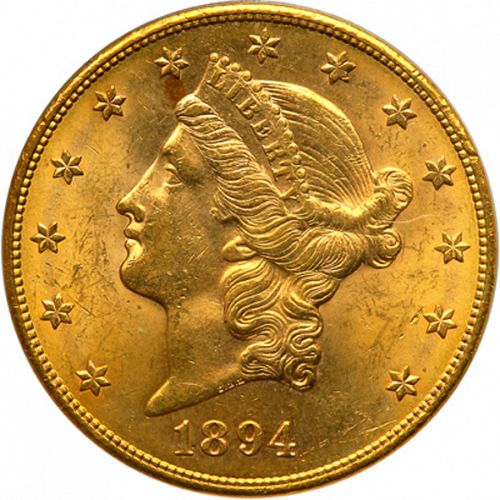 20 dollar Obverse Image minted in UNITED STATES in 1894S (Coronet Head - Twenty Dollars)  - The Coin Database