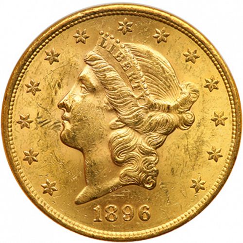 20 dollar Obverse Image minted in UNITED STATES in 1896S (Coronet Head - Twenty Dollars)  - The Coin Database