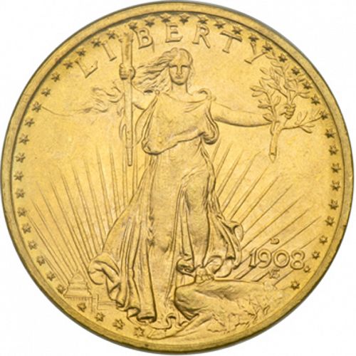 20 dollar Obverse Image minted in UNITED STATES in 1908D (Saint-Gaudens - No motto)  - The Coin Database