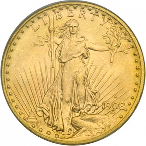20 dollar Obverse Image minted in UNITED STATES in 1908D (Saint-Gaudens - With motto)  - The Coin Database