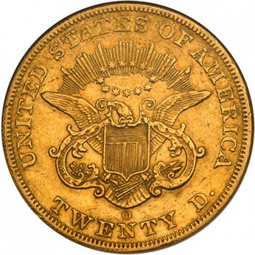 20 dollar Reverse Image minted in UNITED STATES in 1855O (Coronet Head - Twenty D., no motto)  - The Coin Database