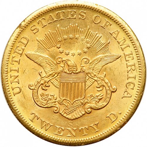 20 dollar Reverse Image minted in UNITED STATES in 1855S (Coronet Head - Twenty D., no motto)  - The Coin Database