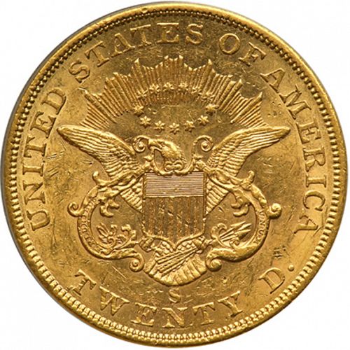 20 dollar Reverse Image minted in UNITED STATES in 1856S (Coronet Head - Twenty D., no motto)  - The Coin Database