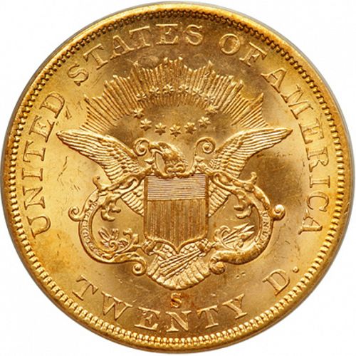 20 dollar Reverse Image minted in UNITED STATES in 1857S (Coronet Head - Twenty D., no motto)  - The Coin Database