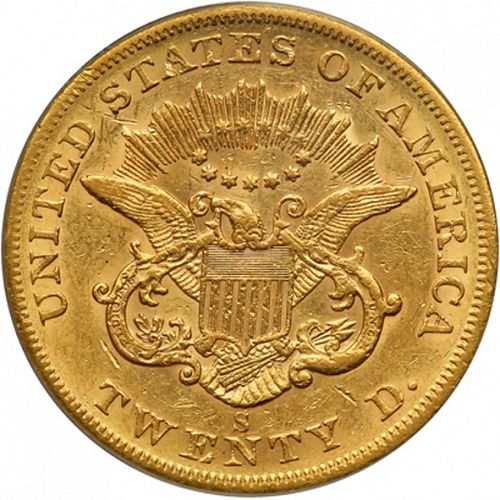 20 dollar Reverse Image minted in UNITED STATES in 1858S (Coronet Head - Twenty D., no motto)  - The Coin Database
