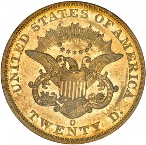 20 dollar Reverse Image minted in UNITED STATES in 1860O (Coronet Head - Twenty D., no motto)  - The Coin Database