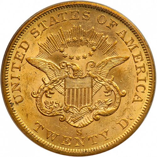 20 dollar Reverse Image minted in UNITED STATES in 1860S (Coronet Head - Twenty D., no motto)  - The Coin Database