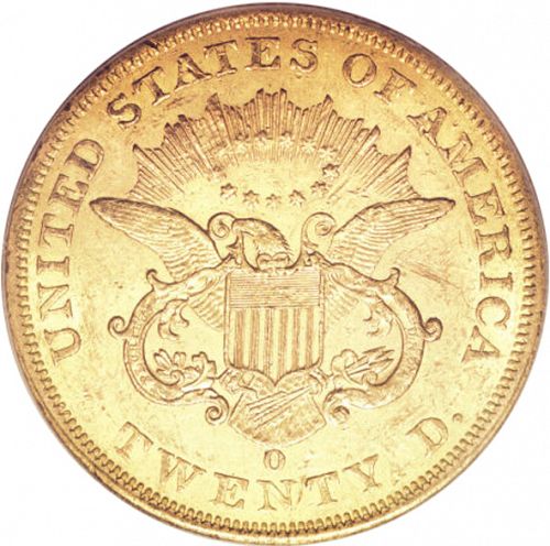 20 dollar Reverse Image minted in UNITED STATES in 1861O (Coronet Head - Twenty D., no motto)  - The Coin Database