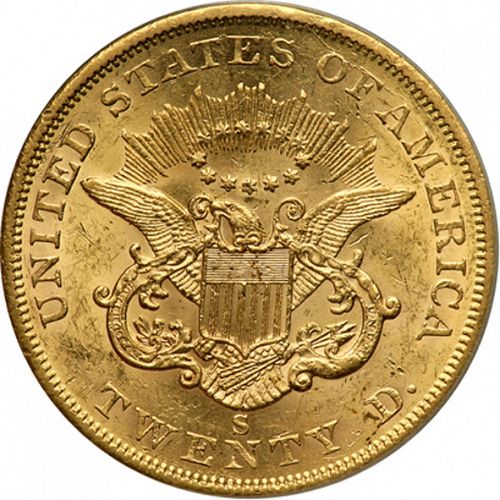 20 dollar Reverse Image minted in UNITED STATES in 1861S (Coronet Head - Twenty D., no motto)  - The Coin Database