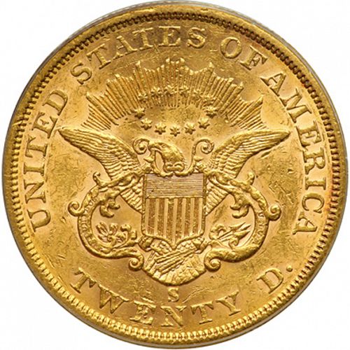 20 dollar Reverse Image minted in UNITED STATES in 1862S (Coronet Head - Twenty D., no motto)  - The Coin Database