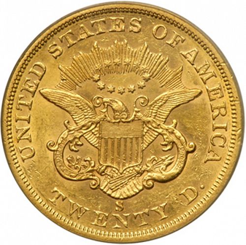 20 dollar Reverse Image minted in UNITED STATES in 1863S (Coronet Head - Twenty D., no motto)  - The Coin Database
