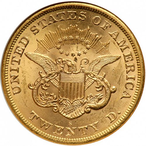 20 dollar Reverse Image minted in UNITED STATES in 1865S (Coronet Head - Twenty D., no motto)  - The Coin Database